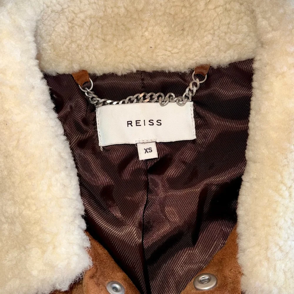 REISS Tobacco Brown Suede Leather Trucker Jacket Shearing Collar Extra Small XS - Picture 2 of 14